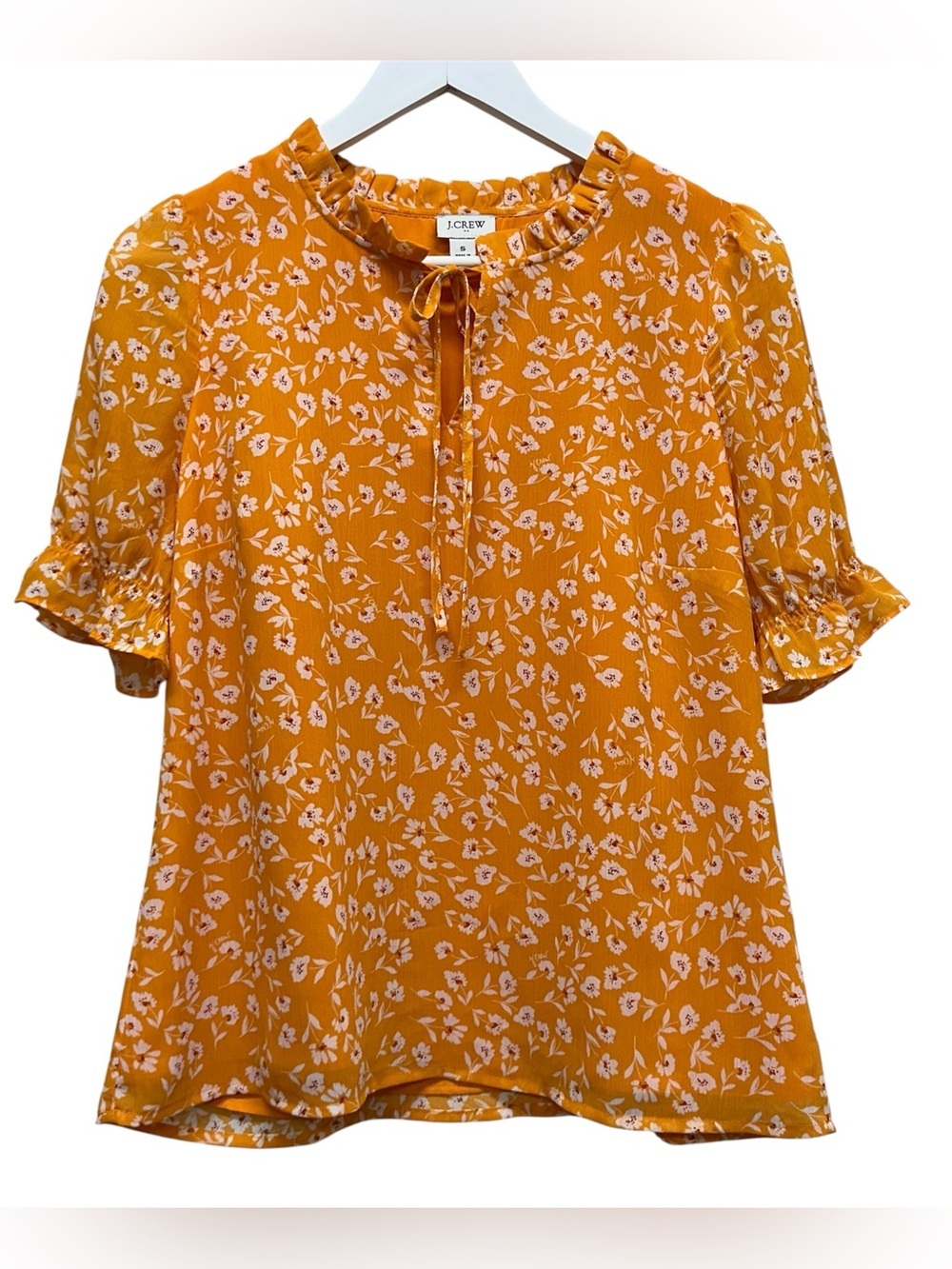 J. Crew Vibrant Orange Blouse White Floral Design Chiffon Top Shirt Women’s S